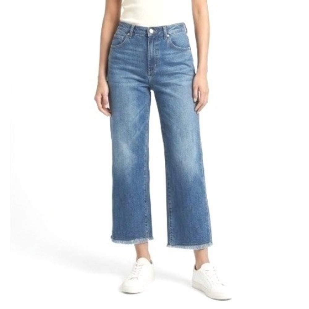 Red Denim | Vintage Wide Leg Jeans Medium Wash Raw Hem Ramie Cotton | Size 14